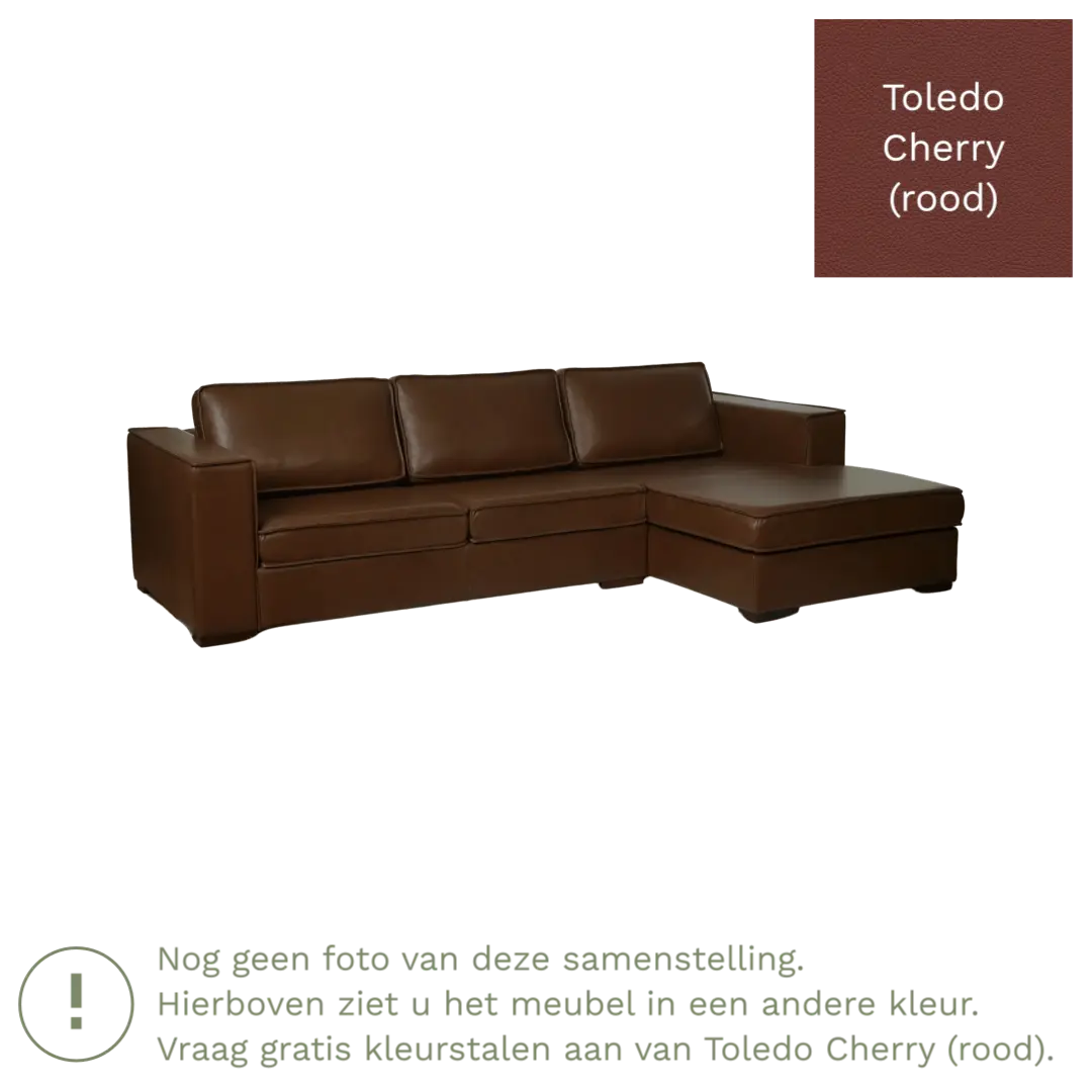 afbeelding van Leren hoekbank Fine - 3 zits arm rechts + longchair links - Toledo Cherry (rood) - Poten hout zwart