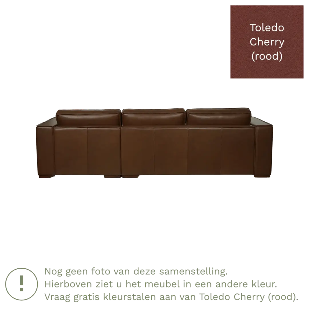 afbeelding van Leren hoekbank Fine - 3 zits arm rechts + longchair links - Toledo Cherry (rood) - Poten hout zwart