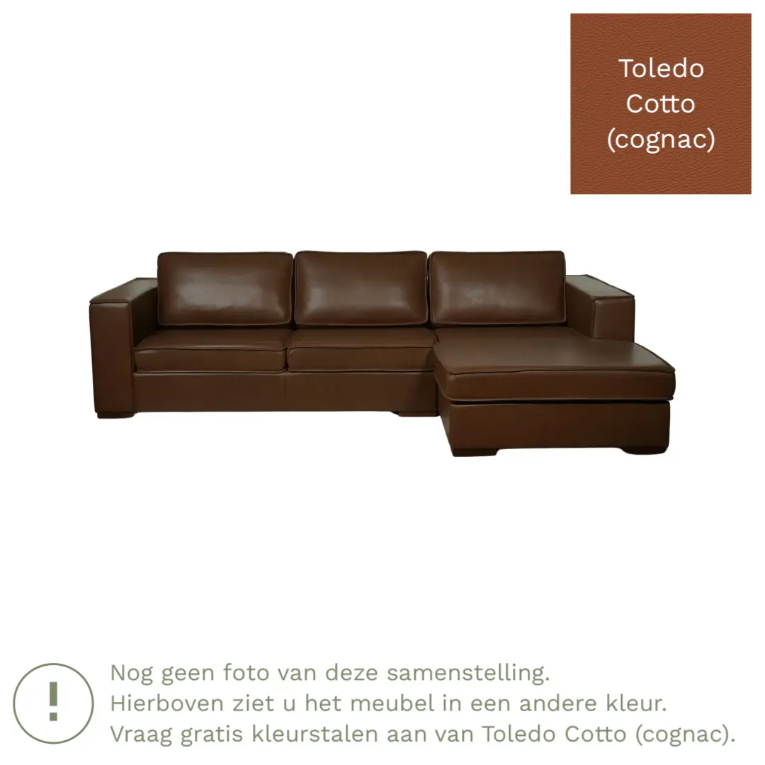 afbeelding van Leren hoekbank Fine - 3 zits arm rechts + longchair links - Toledo Cotto (cognac) - Poten hout zwart