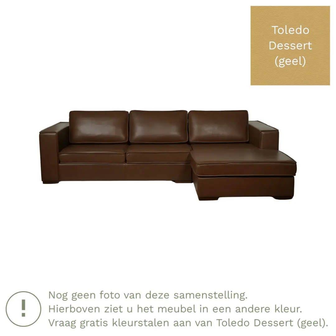 afbeelding van Leren hoekbank Fine - 3 zits arm rechts + longchair links - Toledo Dessert (geel) - Poten hout bruin
