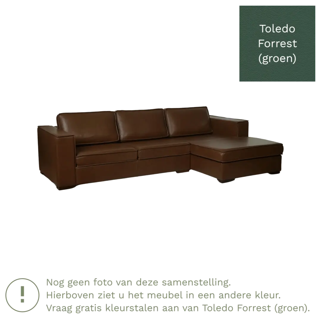 afbeelding van Leren hoekbank Fine - 3 zits arm rechts + longchair links - Toledo Forrest (groen) - Poten hout bruin