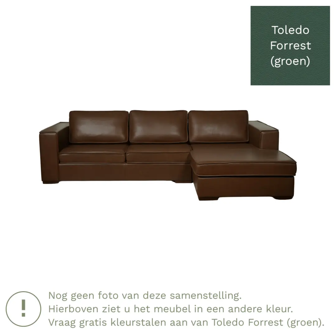 afbeelding van Leren hoekbank Fine - 3 zits arm rechts + longchair links - Toledo Forrest (groen) - Poten hout zwart