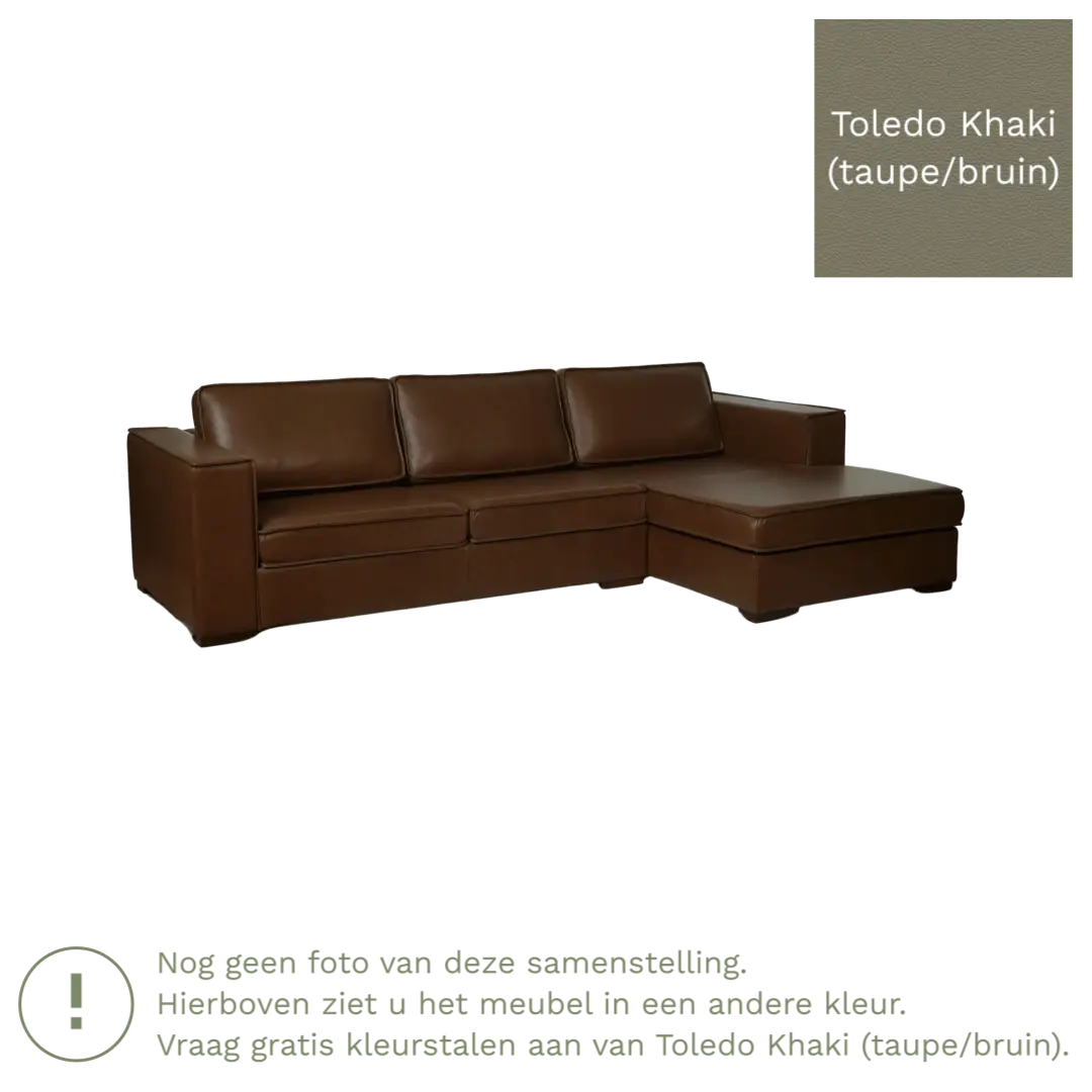 afbeelding van Leren hoekbank Fine - 3 zits arm rechts + longchair links - Toledo Khaki (taupe/bruin) - Poten hout bruin