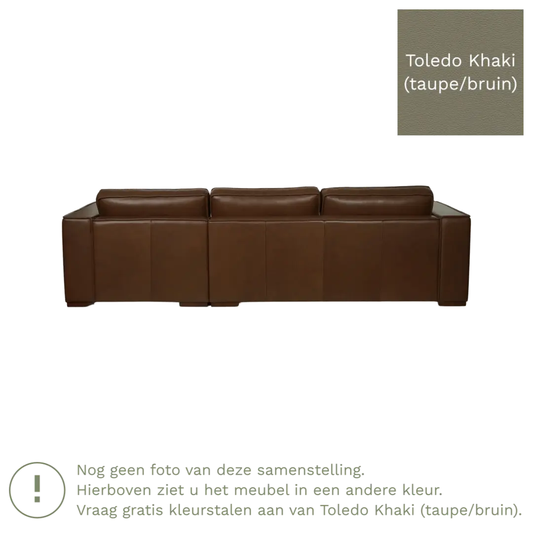 afbeelding van Leren hoekbank Fine - 3 zits arm rechts + longchair links - Toledo Khaki (taupe/bruin) - Poten hout bruin