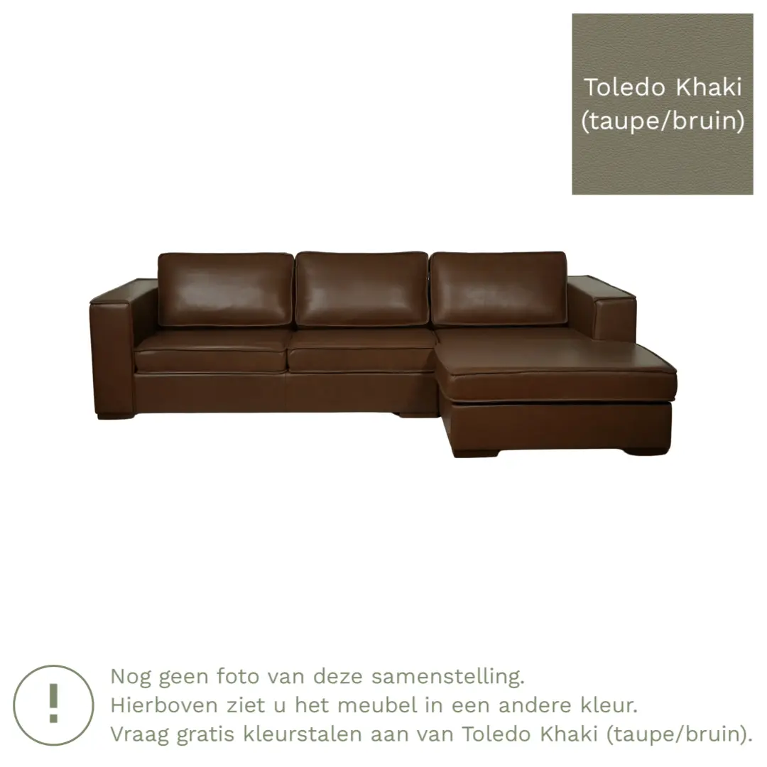 afbeelding van Leren hoekbank Fine - 3 zits arm rechts + longchair links - Toledo Khaki (taupe/bruin) - Poten hout zwart