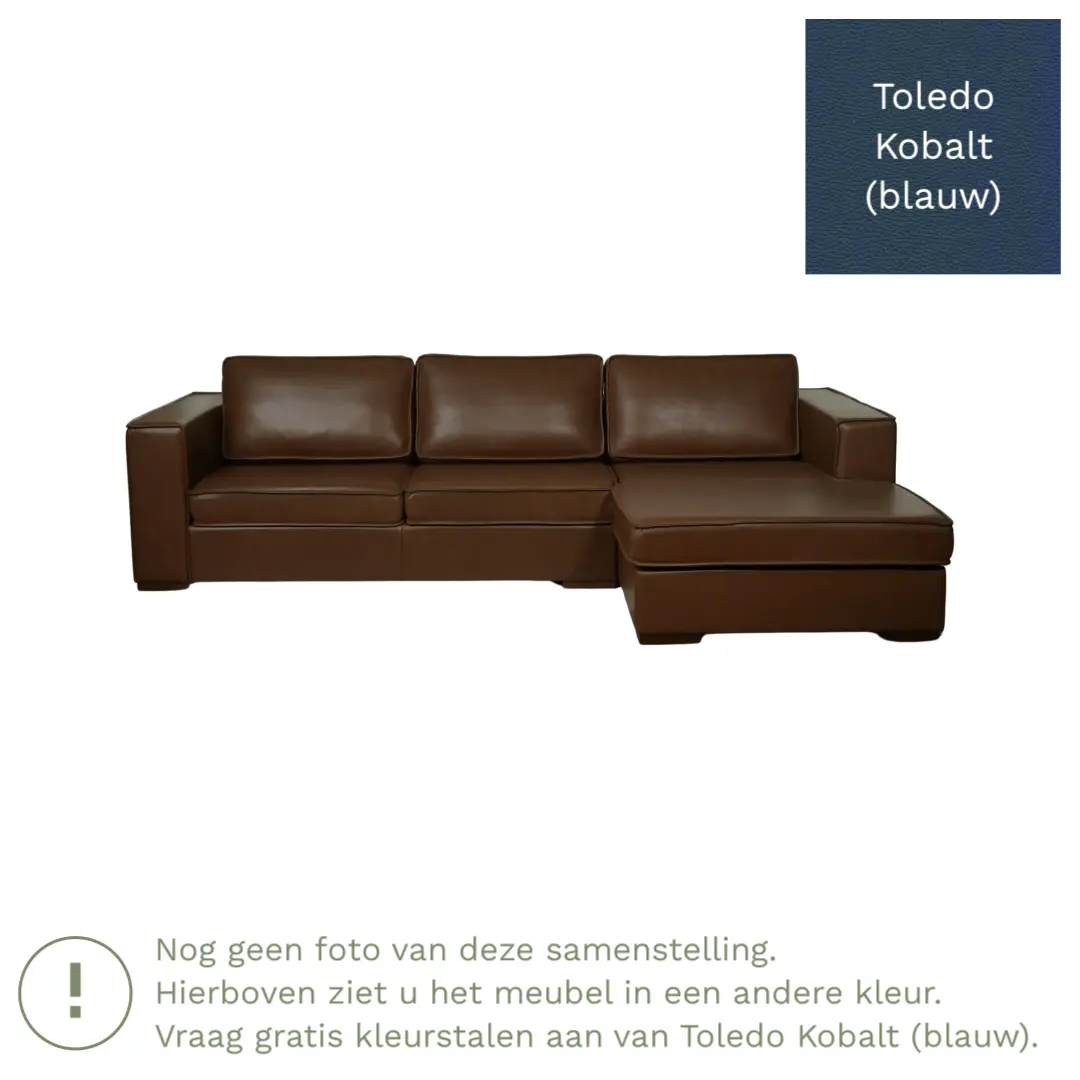 afbeelding van Leren hoekbank Fine - 3 zits arm rechts + longchair links - Toledo Kobalt (blauw) - Poten hout bruin
