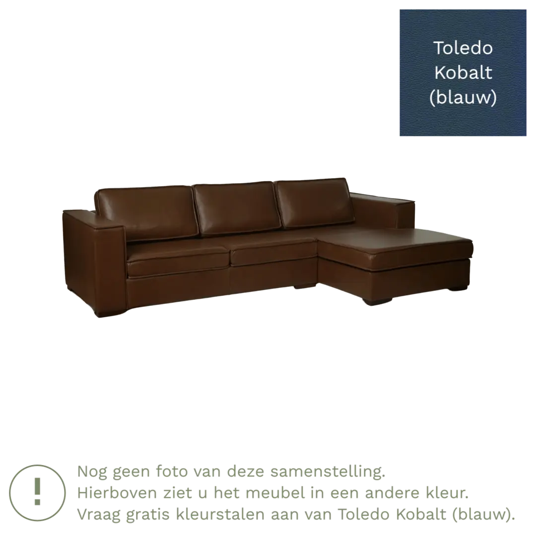 afbeelding van Leren hoekbank Fine - 3 zits arm rechts + longchair links - Toledo Kobalt (blauw) - Poten hout bruin