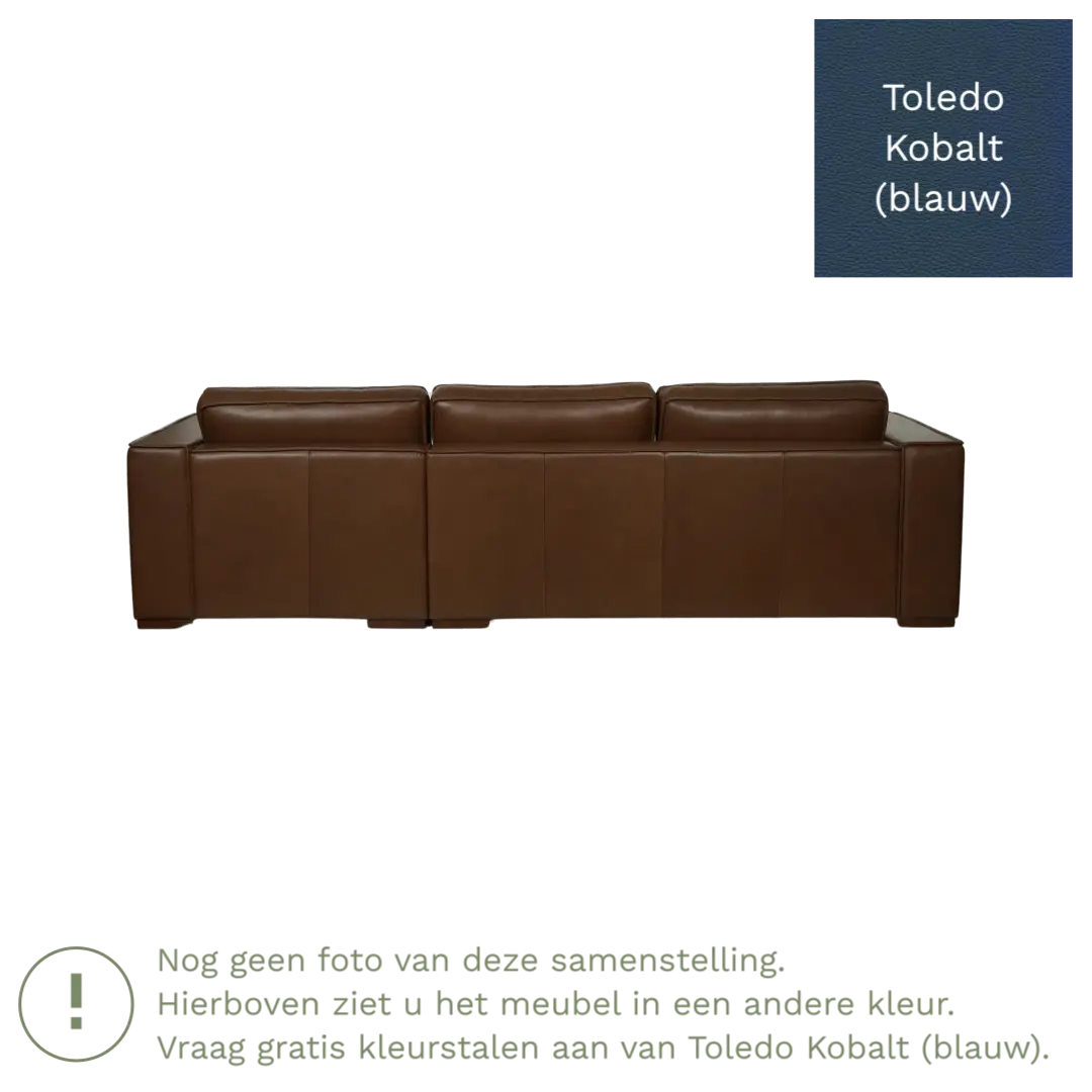 afbeelding van Leren hoekbank Fine - 3 zits arm rechts + longchair links - Toledo Kobalt (blauw) - Poten hout bruin