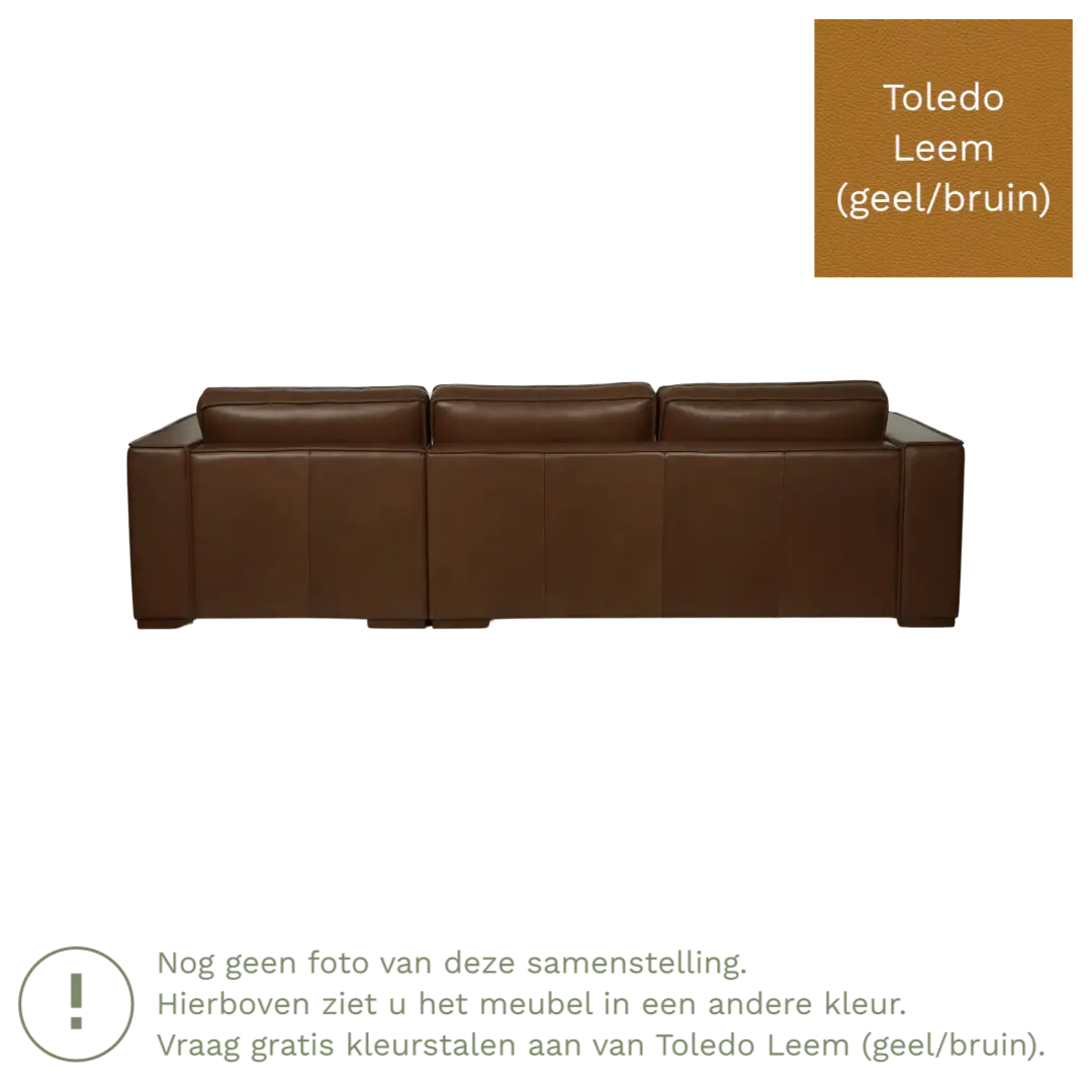 afbeelding van Leren hoekbank Fine - 3 zits arm rechts + longchair links - Toledo Leem (geel/bruin) - Poten hout bruin