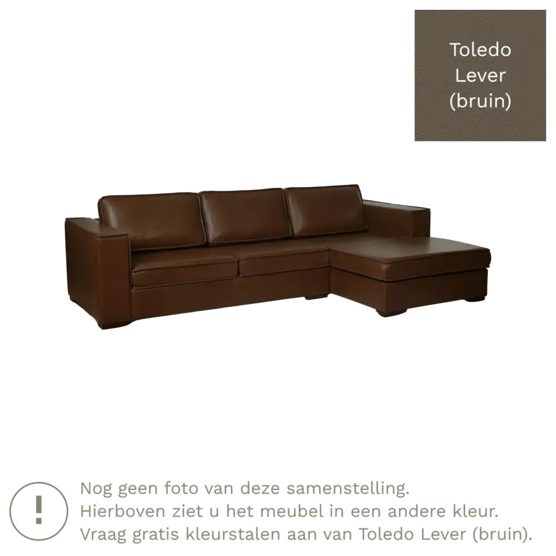 afbeelding van Leren hoekbank Fine - 3 zits arm rechts + longchair links - Toledo Lever (bruin) - Poten hout zwart