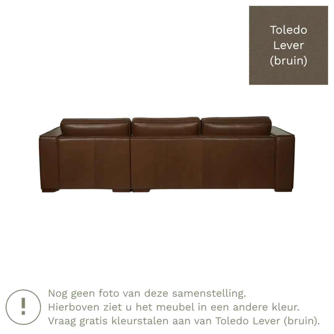 afbeelding van Leren hoekbank Fine - 3 zits arm rechts + longchair links - Toledo Lever (bruin) - Poten hout zwart