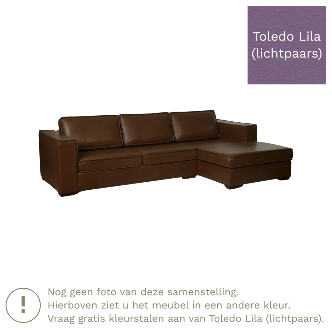 afbeelding van Leren hoekbank Fine - 3 zits arm rechts + longchair links - Toledo Lila (lichtpaars) - Poten hout zwart