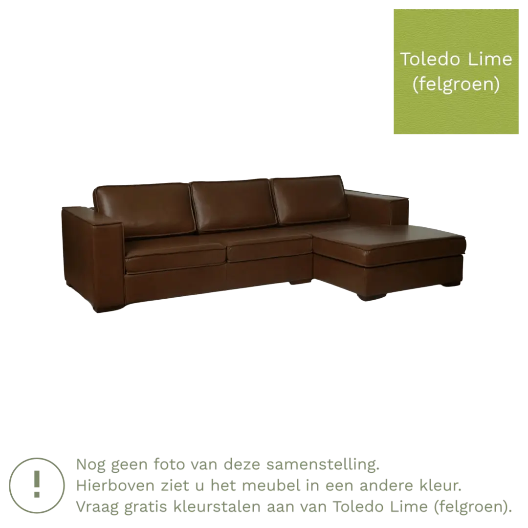 afbeelding van Leren hoekbank Fine - 3 zits arm rechts + longchair links - Toledo Lime (felgroen) - Poten hout bruin