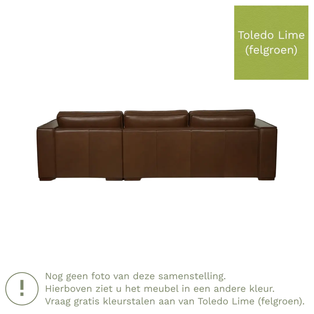 afbeelding van Leren hoekbank Fine - 3 zits arm rechts + longchair links - Toledo Lime (felgroen) - Poten hout bruin