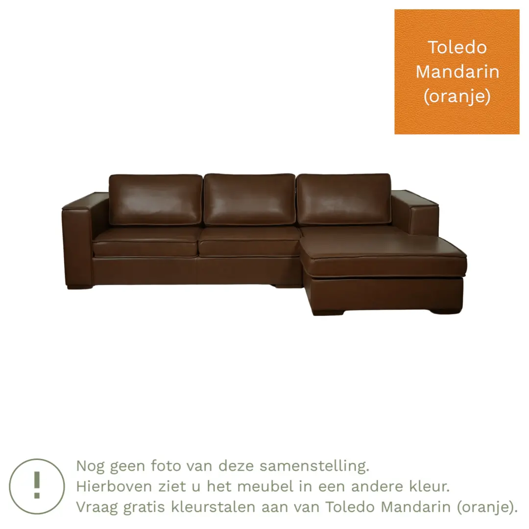 afbeelding van Leren hoekbank Fine - 3 zits arm rechts + longchair links - Toledo Mandarin (oranje) - Poten hout zwart