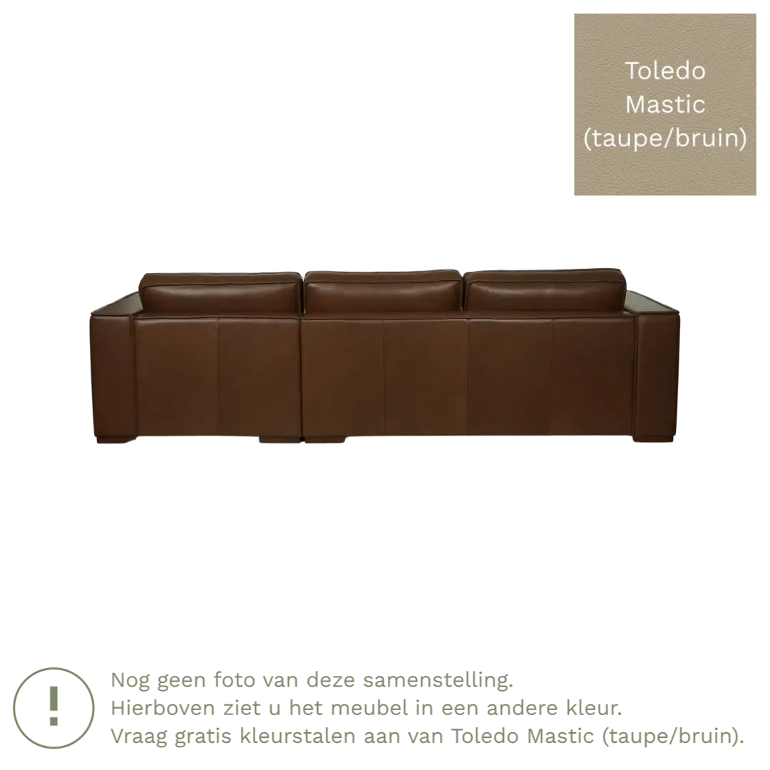 afbeelding van Leren hoekbank Fine - 3 zits arm rechts + longchair links - Toledo Mastic (taupe/bruin) - Poten hout zwart
