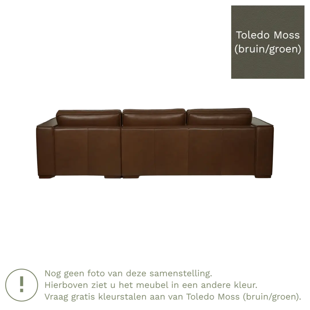 afbeelding van Leren hoekbank Fine - 3 zits arm rechts + longchair links - Toledo Moss (bruin/groen) - Poten hout bruin
