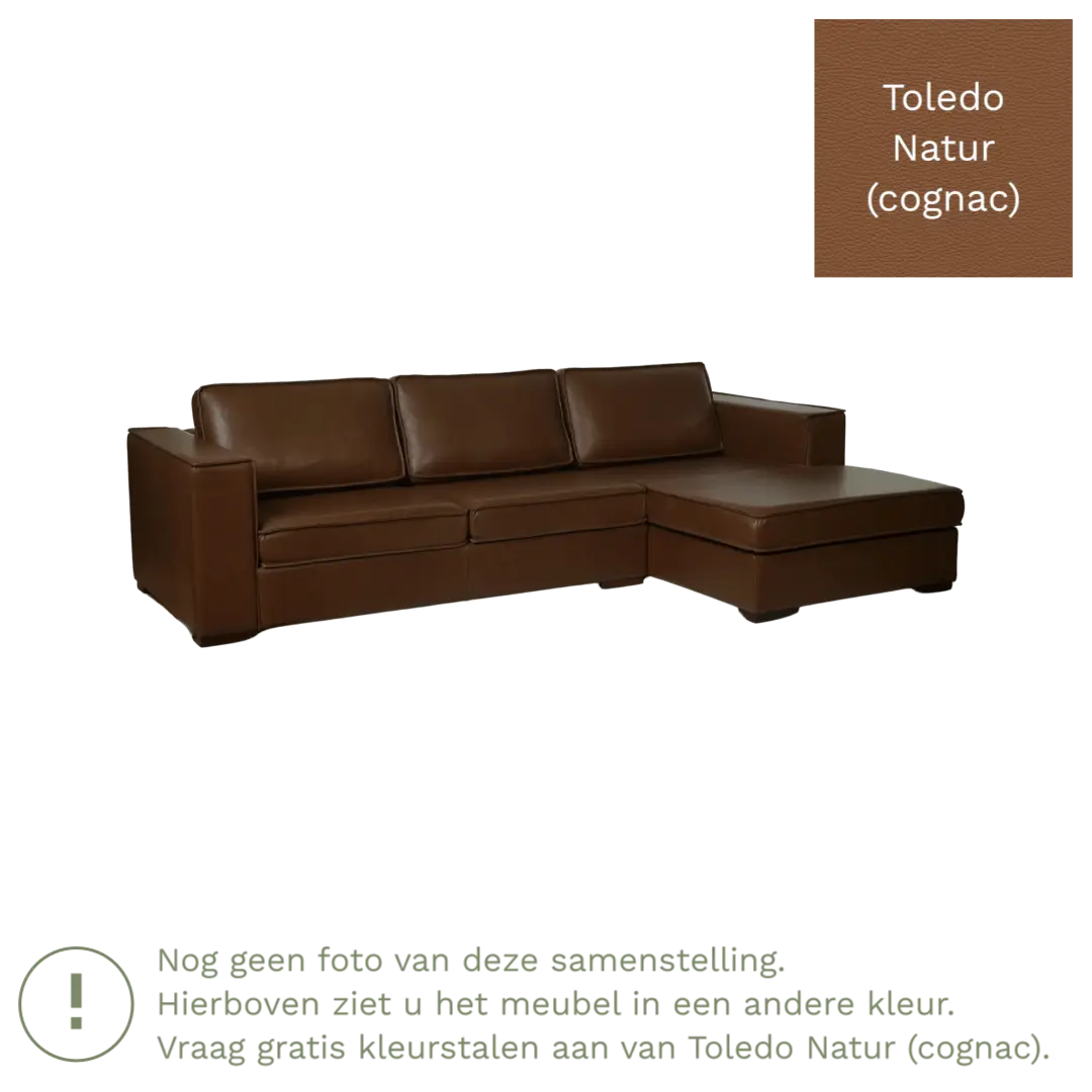afbeelding van Leren hoekbank Fine - 3 zits arm rechts + longchair links - Toledo Natur (cognac) - Poten hout zwart