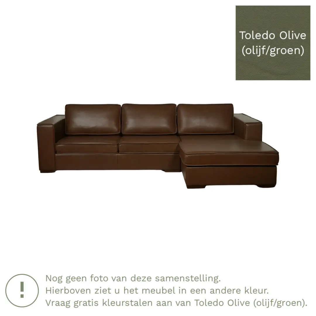 afbeelding van Leren hoekbank Fine - 3 zits arm rechts + longchair links - Toledo Olive (olijf/goen) - Poten hout zwart