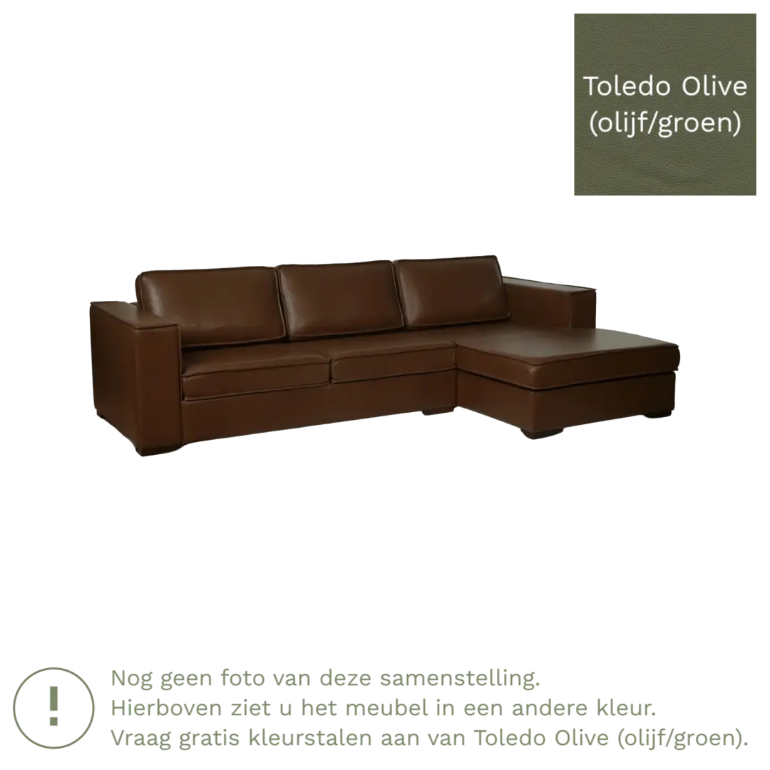 afbeelding van Leren hoekbank Fine - 3 zits arm rechts + longchair links - Toledo Olive (olijf/goen) - Poten hout zwart