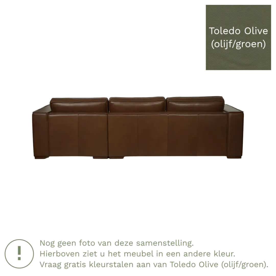 afbeelding van Leren hoekbank Fine - 3 zits arm rechts + longchair links - Toledo Olive (olijf/goen) - Poten hout zwart