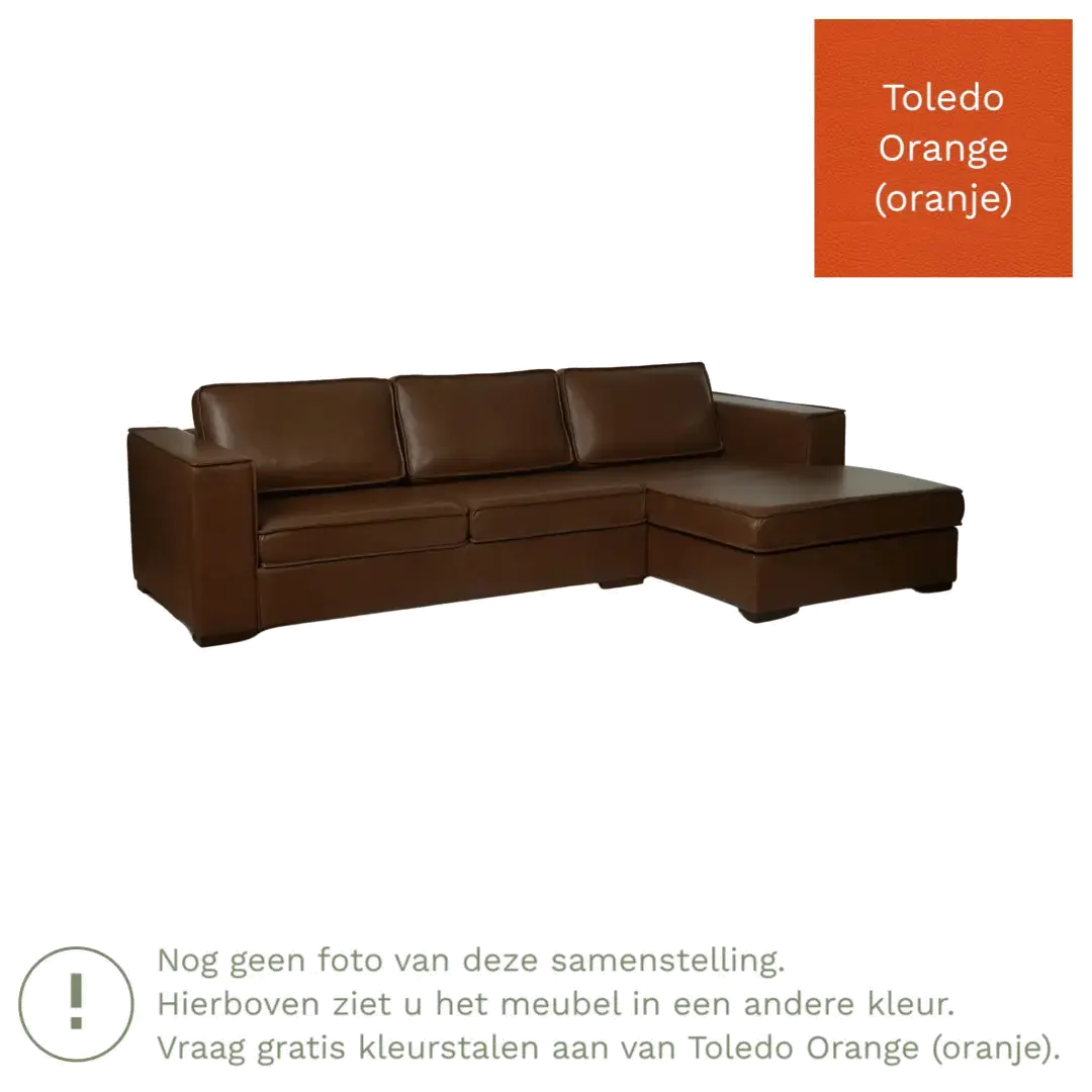 afbeelding van Leren hoekbank Fine - 3 zits arm rechts + longchair links - Toledo Orange (oranje) - Poten hout zwart