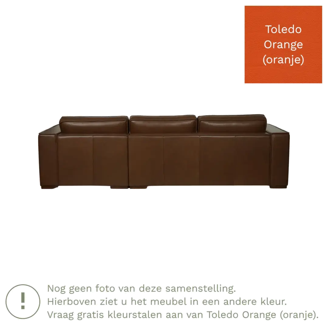 afbeelding van Leren hoekbank Fine - 3 zits arm rechts + longchair links - Toledo Orange (oranje) - Poten hout zwart