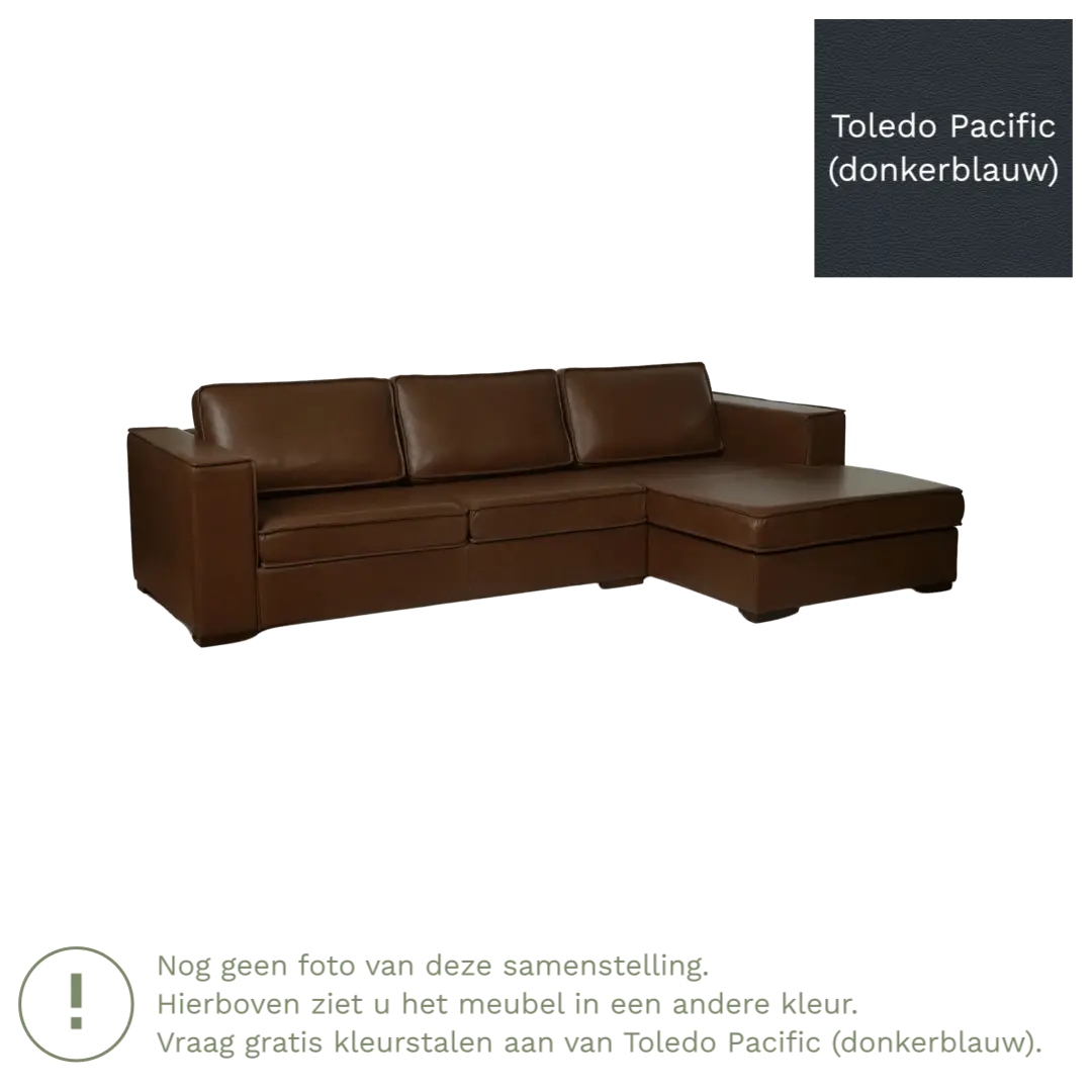 afbeelding van Leren hoekbank Fine - 3 zits arm rechts + longchair links - Toledo Pacific (donkerblauw) - Poten hout bruin