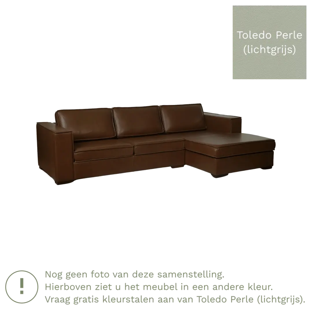 afbeelding van Leren hoekbank Fine - 3 zits arm rechts + longchair links - Toledo Perle (lichtgrijs) - Poten hout zwart
