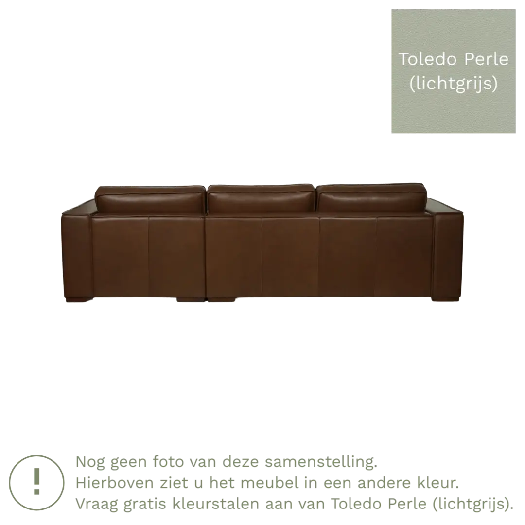 afbeelding van Leren hoekbank Fine - 3 zits arm rechts + longchair links - Toledo Perle (lichtgrijs) - Poten hout zwart