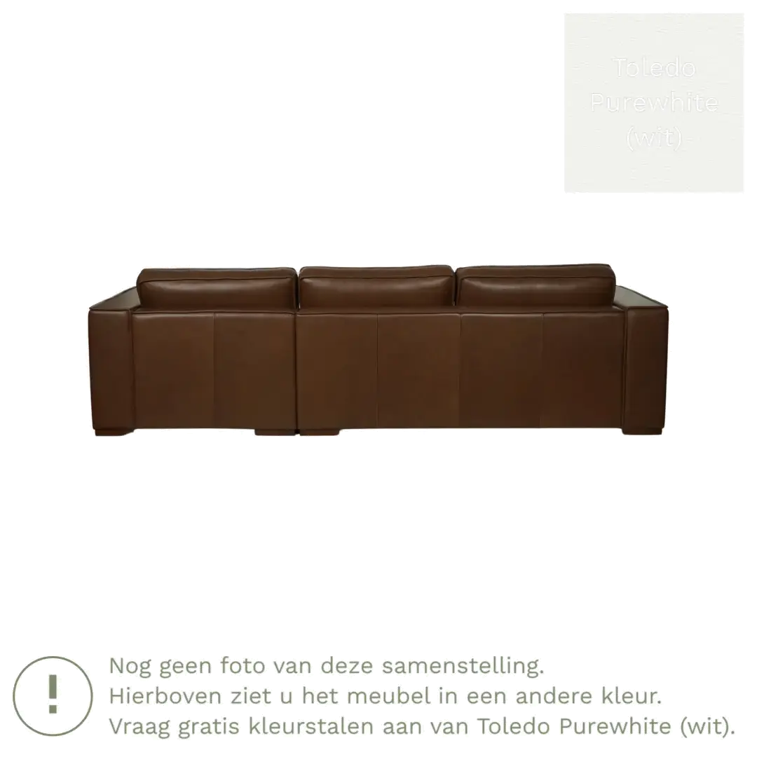afbeelding van Leren hoekbank Fine - 3 zits arm rechts + longchair links - Toledo Purewhite (wit) - Poten hout zwart