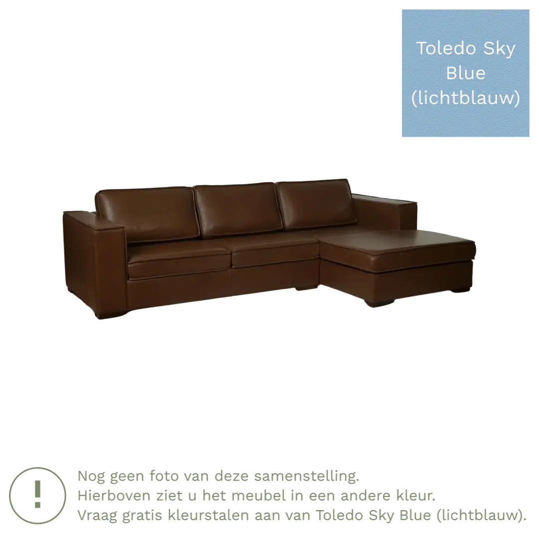 afbeelding van Leren hoekbank Fine - 3 zits arm rechts + longchair links - Toledo Sky Blue (lichtblauw) - Poten hout bruin