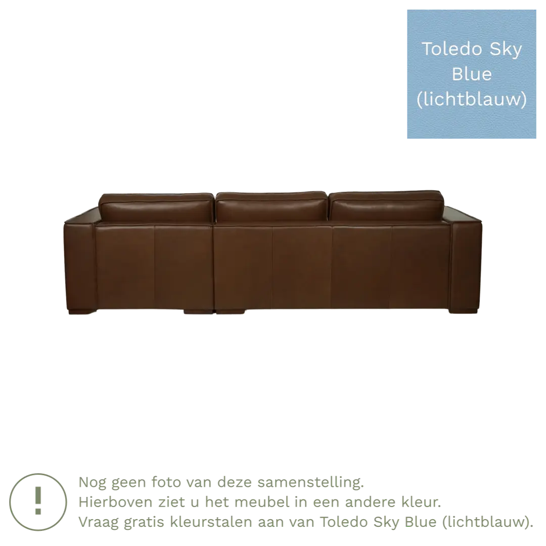 afbeelding van Leren hoekbank Fine - 3 zits arm rechts + longchair links - Toledo Sky Blue (lichtblauw) - Poten hout bruin
