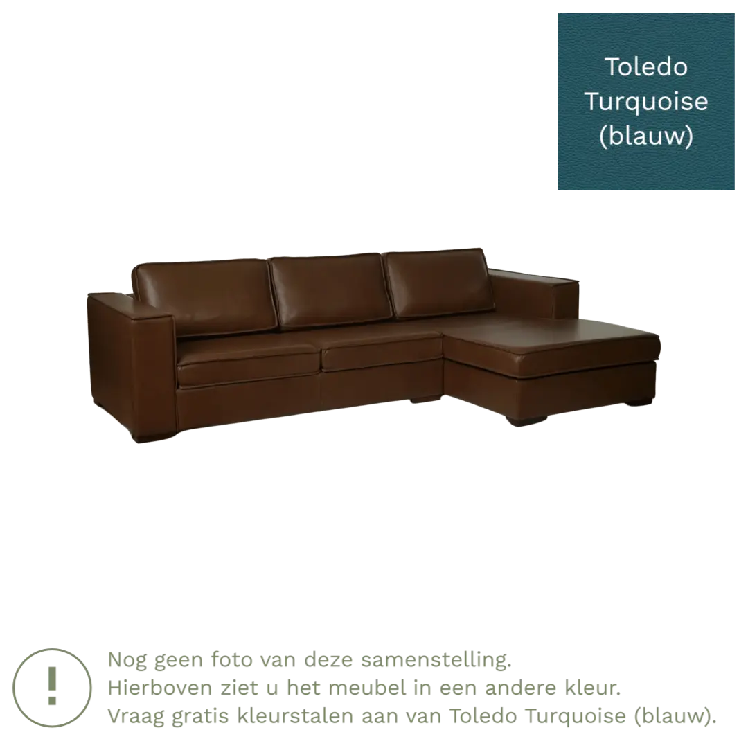 afbeelding van Leren hoekbank Fine - 3 zits arm rechts + longchair links - Toledo Turquoise (blauw) - Poten hout zwart