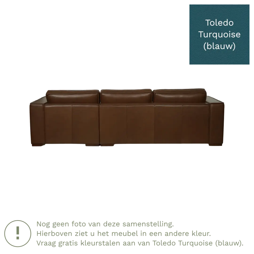 afbeelding van Leren hoekbank Fine - 3 zits arm rechts + longchair links - Toledo Turquoise (blauw) - Poten hout zwart
