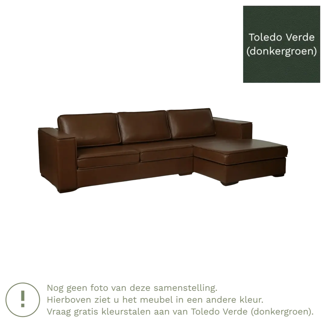 afbeelding van Leren hoekbank Fine - 3 zits arm rechts + longchair links - Toledo Verde (donkergroen) - Poten hout zwart