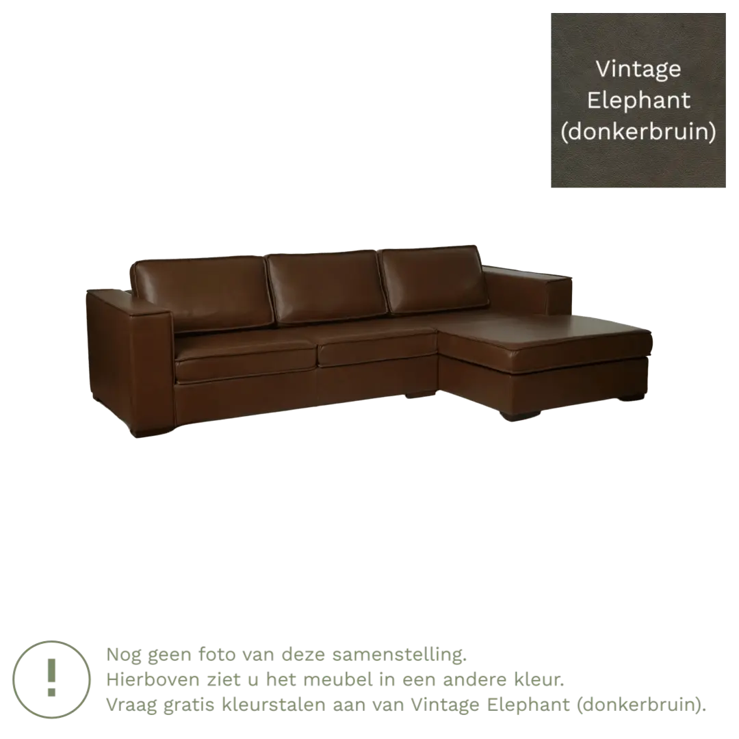 afbeelding van Leren hoekbank Fine - 3 zits arm rechts + longchair links - Vintage Elephant (donkerbruin) - Poten hout bruin