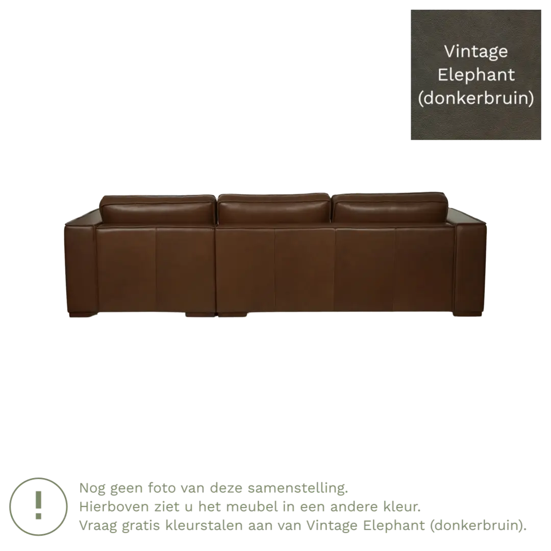 afbeelding van Leren hoekbank Fine - 3 zits arm rechts + longchair links - Vintage Elephant (donkerbruin) - Poten hout bruin