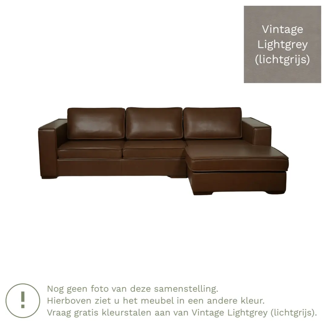 afbeelding van Leren hoekbank Fine - 3 zits arm rechts + longchair links - Vintage Lightgrey (lichtgrijs) - Poten hout bruin