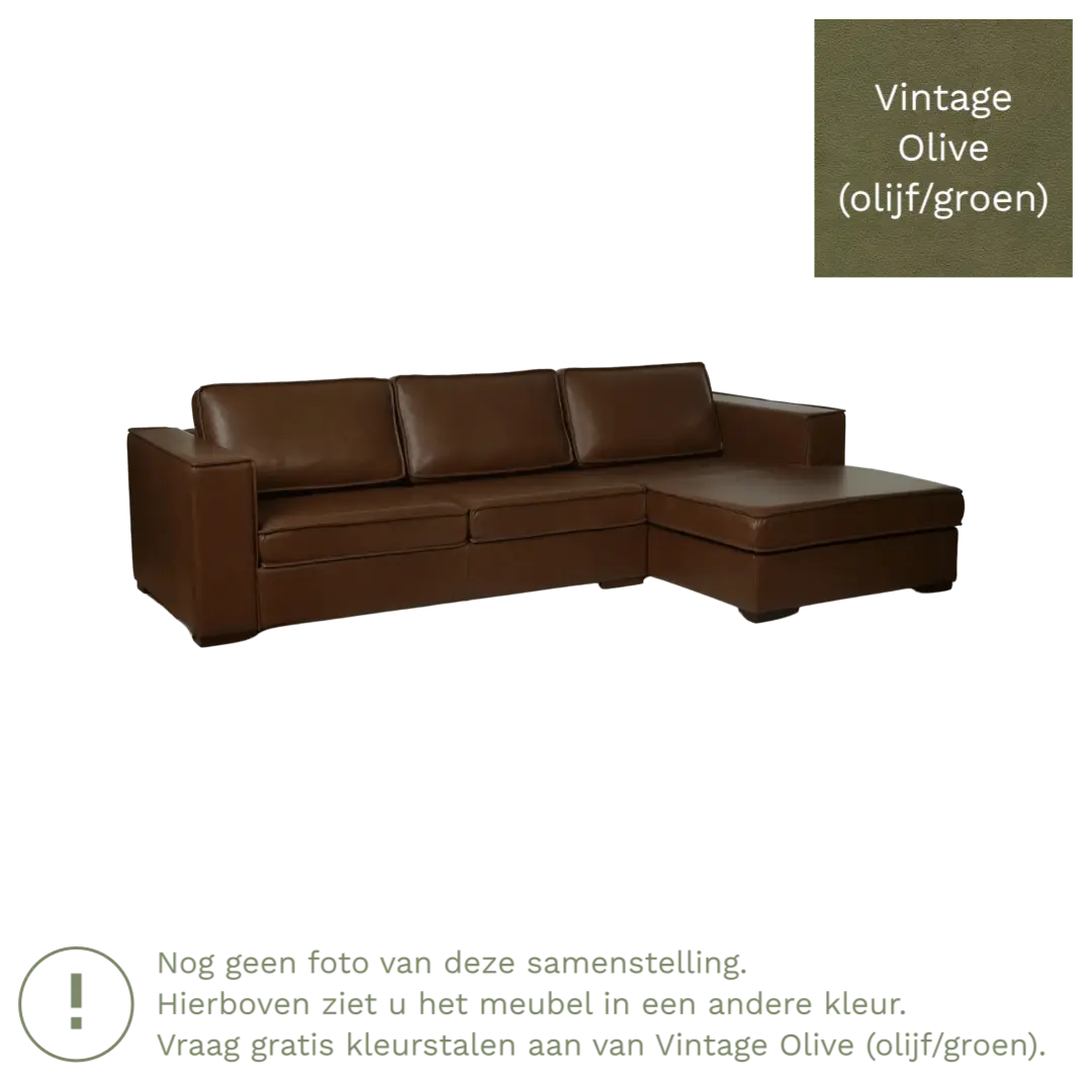 afbeelding van Leren hoekbank Fine - 3 zits arm rechts + longchair links - Vintage Olive (olijf/groen) - Poten hout zwart