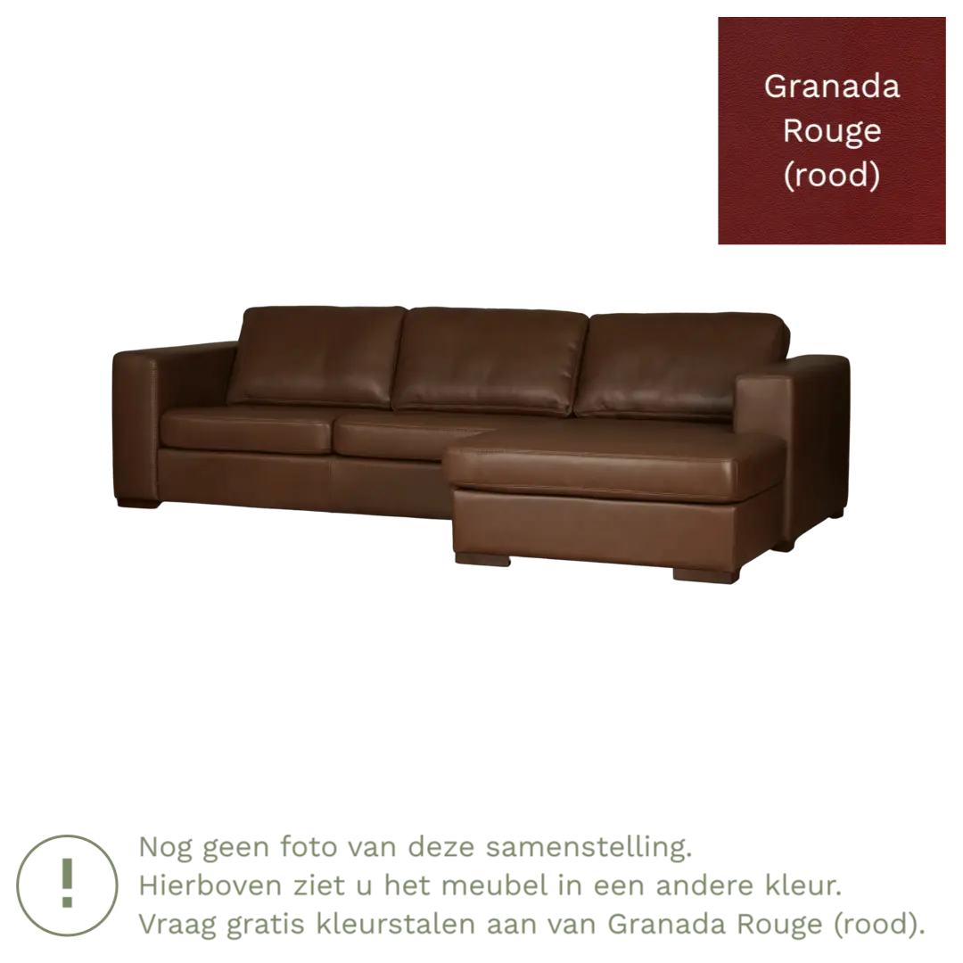 afbeelding van Leren hoekbank Flow - 2,5 zits arm links + longchair rechts - Granada Rouge (rood) - Poten hout bruin