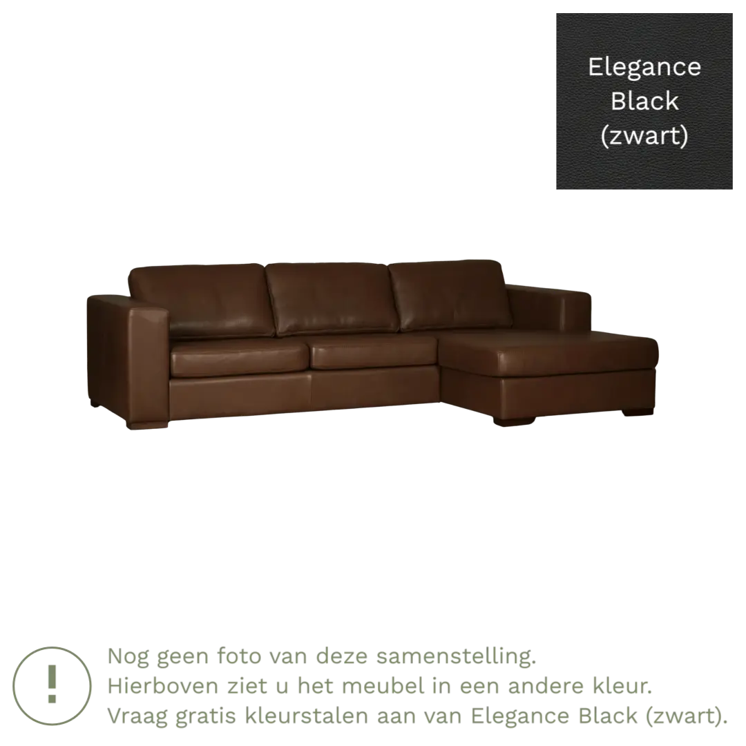 afbeelding van Leren hoekbank Flow - 2,5 zits arm rechts + longchair links - Elegance Black (zwart) - Poten hout bruin