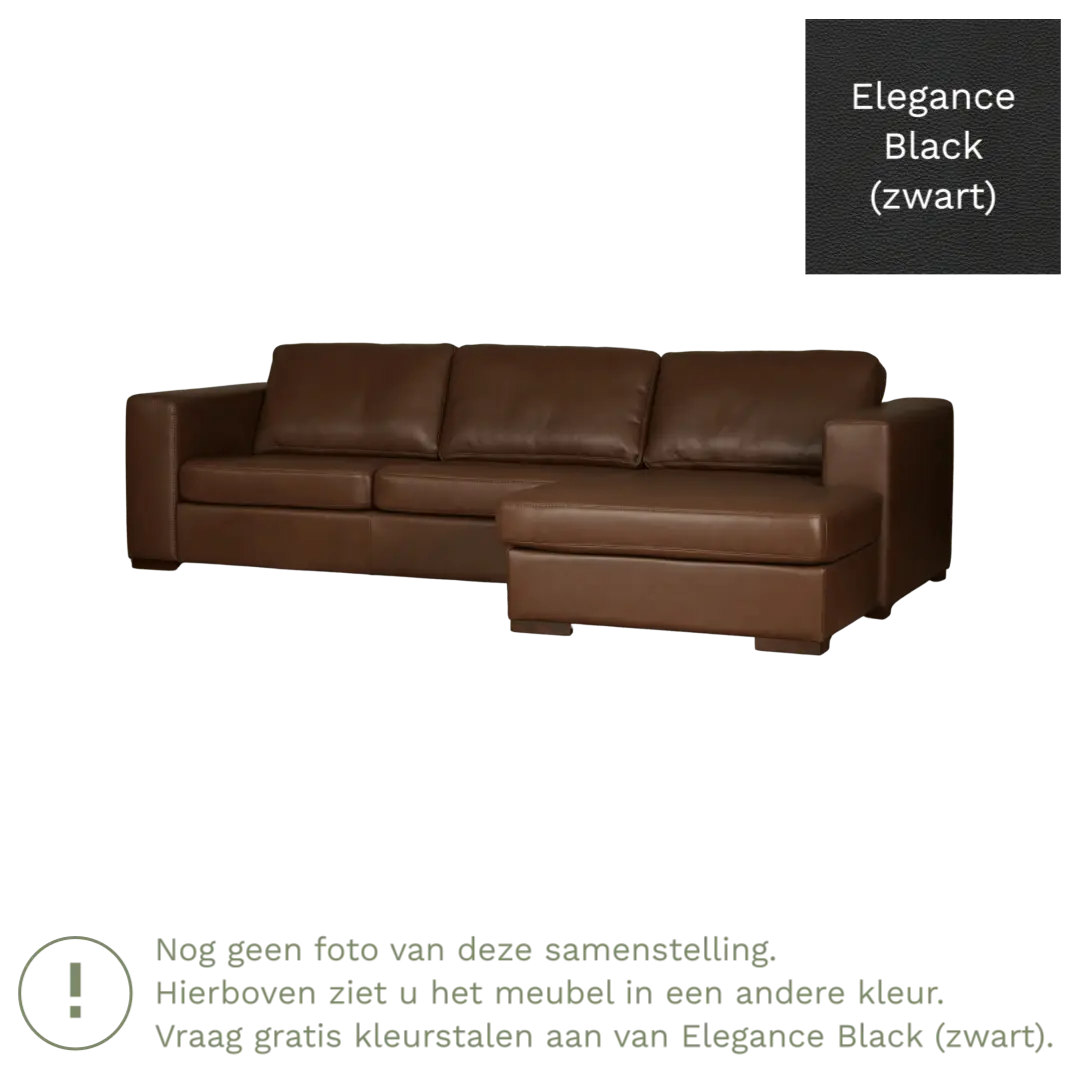 afbeelding van Leren hoekbank Flow - 2,5 zits arm rechts + longchair links - Elegance Black (zwart) - Poten hout bruin