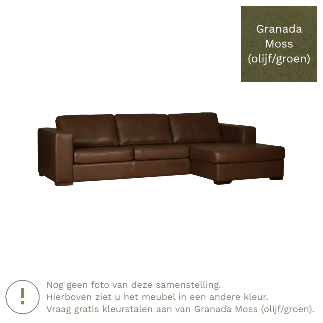 afbeelding van Leren hoekbank Flow - 2,5 zits arm rechts + longchair links - Granada Moss (olijf/groen) - Poten hout bruin