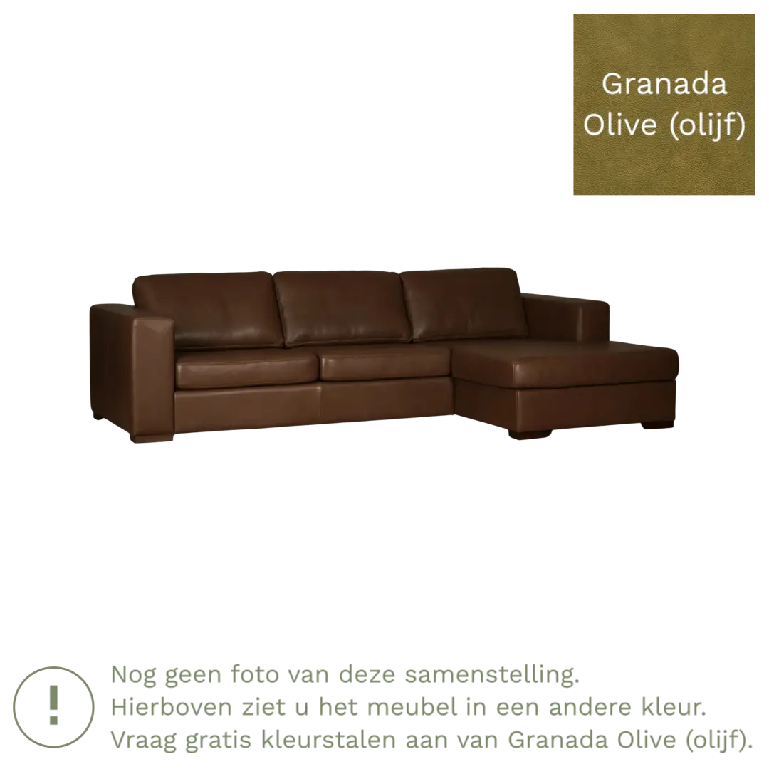 afbeelding van Leren hoekbank Flow - 2 zits arm links + longchair rechts - Granada Olive (olijf) - Poten hout zwart