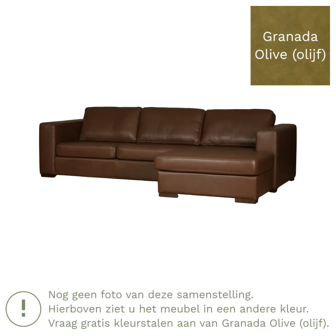 afbeelding van Leren hoekbank Flow - 2 zits arm links + longchair rechts - Granada Olive (olijf) - Poten hout zwart