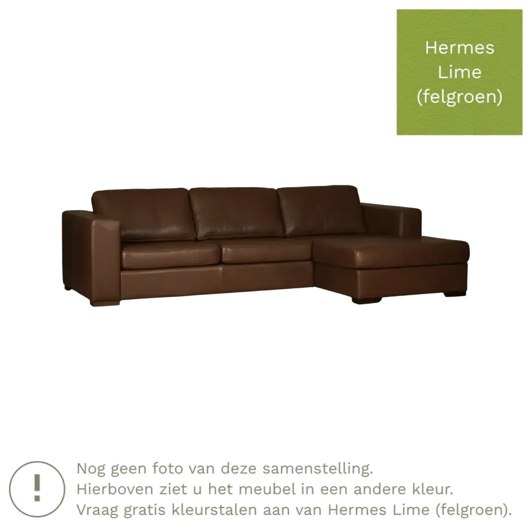 afbeelding van Leren hoekbank Flow - 2 zits arm links + longchair rechts - Hermes Lime (felgroen) - Poten hout zwart