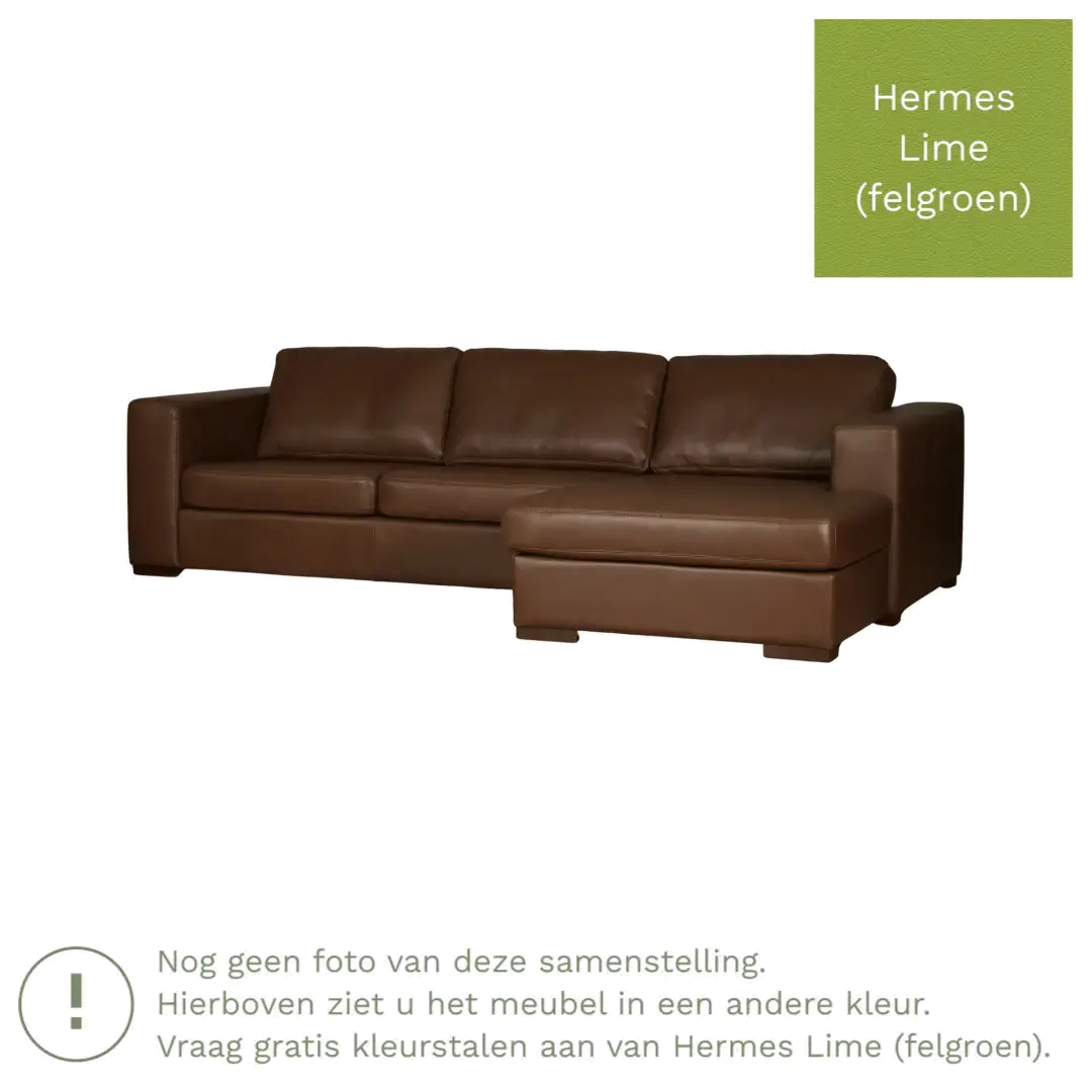 afbeelding van Leren hoekbank Flow - 2 zits arm links + longchair rechts - Hermes Lime (felgroen) - Poten hout zwart