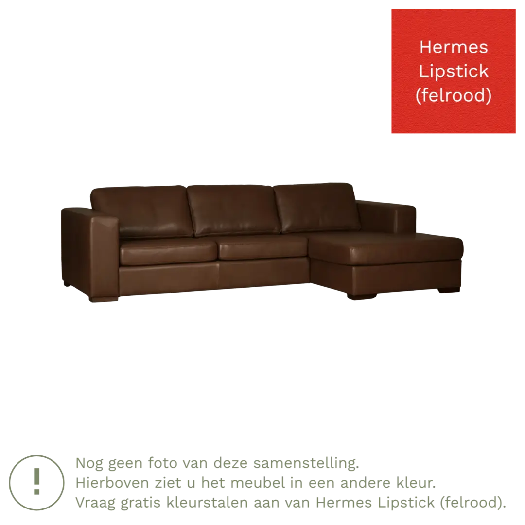 afbeelding van Leren hoekbank Flow - 2 zits arm links + longchair rechts - Hermes Lipstick (felrood) - Poten hout bruin
