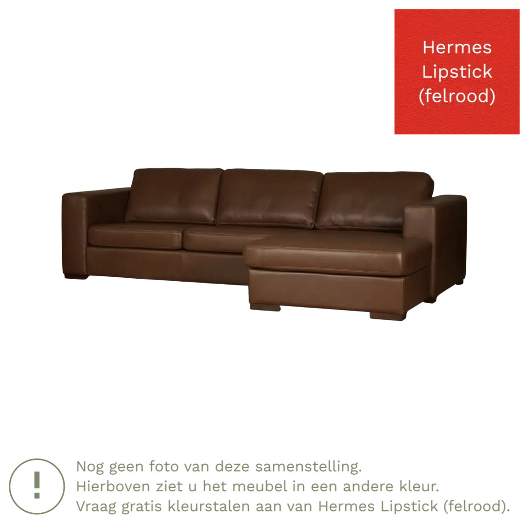 afbeelding van Leren hoekbank Flow - 2 zits arm links + longchair rechts - Hermes Lipstick (felrood) - Poten hout bruin